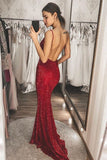 Burgundy Sequins Mermaid Long V Neck Backless Prom Dresses, Formal STK20393