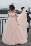 Off the Shoulder Long Sleeves Pink A-line Wedding Dresses, Blush Pink Tulle Bridal Dresses STK15270