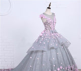 Scoop Ball Gown Gray Tulle Sleeveless Bowknot Empire Waist Wedding Dress with Pink Flowers