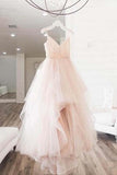 Elegant A Line Spaghetti Straps V Neck Tulle Pink Backless Long Prom Dresses