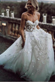 Charming Ball Gown Sweetheart Strapless 3D Flowers Tulle Off White Wedding Dresses STK15095