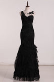 2024 Open Back Bateau Dark Navy Evening Dresses Mermaid Tulle PB9P29C8