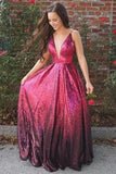 A-Line Spaghetti Straps Fuchsia V Neck Sequins Prom Dresses, Long Evening STK20476