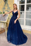 Elegant Blue V Neck Lace Long Prom Dresses Spaghetti Straps Evening STK20485