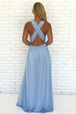 A-Line V Neck Criss Cross Light Blue Chiffon Long Prom Dresses with Split, Formal Dresses STK15053