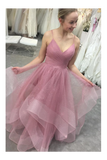 Glitter Spaghetti Straps Ruffled Prom Dresses Backless Formal STKPF95JE3C