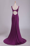 2024 Grape Prom Dresses Straps Open Back Spandex With Ruffles Sweep Train