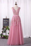 2024 V Neck Prom Dresses A Line Tulle With Applique PT7JMC96