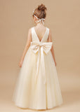 Champagne Sleeveless Tulle Satin Flower Girl Dresses With Bow