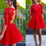 Blush red half sleeve see through lace open back charming homecoming prom gown dress