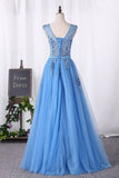 2024 Prom Dresses A Line Lace Up Tulle Scoop With Applique PGP1B2L1