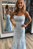 Mermaid Spaghetti Straps Light Blue Prom Dress with Appliques, Evening Dresses STK15266