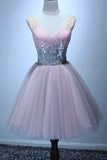 A-line V-neck Sequins Pink Short Cute Short Homecoming Dresses