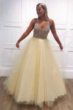 Light Yellow Tulle Beading V Neck Long Prom Dresses with Open Back, Evening Dresses STK15239