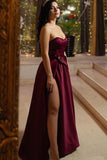 Unique A Line Burgundy Sweetheart Satin Strapless Prom Dresses, Evening STK15676