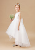 Chic Hi-Lo Sleeveless Applique Tulle Stain Flower Girl Dresses With Bownet