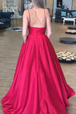 Simple A Line Spaghetti Straps V Neck Prom Dresses with Pockets, Backless Long Dance Dress STK15384