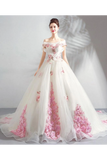 Unique Off The Shoulder Tulle Wedding Dress With Pink Flowers Ball Gown Wedding STKPQ4NB2CL