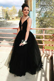 Charming A Line Black Spaghetti Straps Tulle V Neck Prom Dresses, Long Evening Dresses STK15501