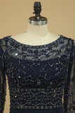 2024 Dark Navy Spandex Scoop 3/4 Length Sleeves Beaded Bodice Mother Of The Bride Dresses PT2LM85F