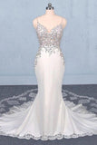 Spaghetti Straps Mermaid Wedding Dress with Lace, V-neck Wedding Dresses STK15418