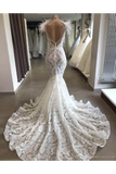 Luxury Lace Mermaid Wedding Dress With Train Sexy Open Back Pearls Wedding STKPE5AS8YA