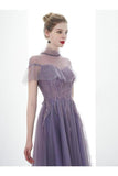 A-Line Tulle Long High Neck Prom Dresses With Ruffles Formal P54APS9X