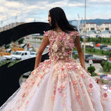 Princess Ball Gown Pink Tulle Prom Dresses with Handmade Flowers, Quinceanera STK15658