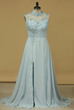 2024 Prom Dresses High Neck Chiffon With Slit And Beads PEBS7JPB