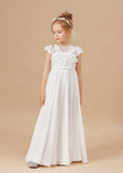 A-line Floor Length Ivory Chiffon Appliques Flower Girl Dresses