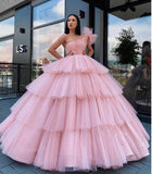 Charming Ball Gown Tulle Pink One Shoulder Long Prom Dresses, Quinceanera Dresses STK15096