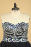 2024 Dark Navy A Line Prom Dresses Sweetheart Beaded Bodice Tulle Zipper P8K81BDX