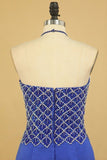 2024 Dark Royal Blue Halter Mermaid Prom Dresses Beaded Bodice Satin Sweep P3MRS869