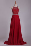 2024 Halter A Line Prom Dresses Beaded Bodice Sweep Train Chiffon & Tulle Open P2SGM753