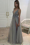 Gray A Line Floor Length Deep V Neck Sleeveless Side Slit Beading Long Prom Dresses