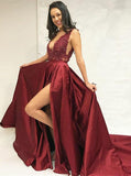 Simple A-Line Deep V-Neck Sweep Train Split Burgundy Satin Lace Prom Dresses