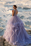 Elegant Ruffles Sweep Train Tulle A Line With Beading Prom Dresses