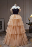 Pretty Champagne Off The Shoulder Beading A Line Tulle Long Prom Dresses