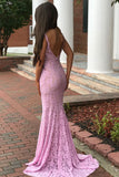 Pink Sheath Brush Train Deep V Neck Sleeveless Backless Lace Prom Dresses