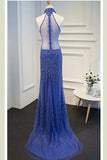 Royal Blue Sheath Sweep Train Halter Sleeveless Sheer Back Beading Prom Dresses