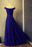 Royal Blue A Line Floor Length Off Shoulder Lace Up Hollow Prom Dresses