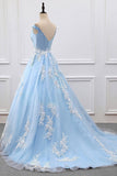 2024 Sky Blue Appliques Charming Ball Gown Off-the-Shoulder V-Neck Prom Dresses