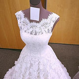 Chic Romantic Open Back A line Short Train Lace Ivory Long Wedding Dresses