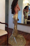 Sequin Mermaid Long Gold Sexy Deep V-Neck Spaghetti Strap Backless Sparkly Prom Dresses