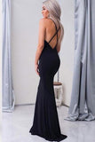 Mermaid V-Neck Criss-Cross Straps Spaghetti Straps Sweep Train Black Satin Prom Dresses