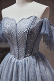 Dusty Blue Beading Off The Shoulder Tulle Short Homecoming Dresses