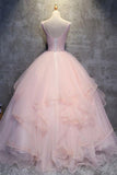 Pink Ball Gown Floor Length Sleeveless Layers Tulle Ruffles Floral Prom Dresses