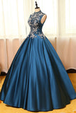 Navy Blue Ball Gown Floor Length High Neck Sleeveless Appliques Long Prom Dresses