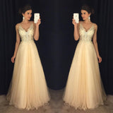 Sparkly V Neck Prom Dress Sexy Backless Evening Dress Tulle Long Prom Gown