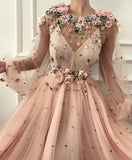 Charming A Line Long Sleeve Long Party Dresses Flowers Tulle Beads Formal Dresses STK15090